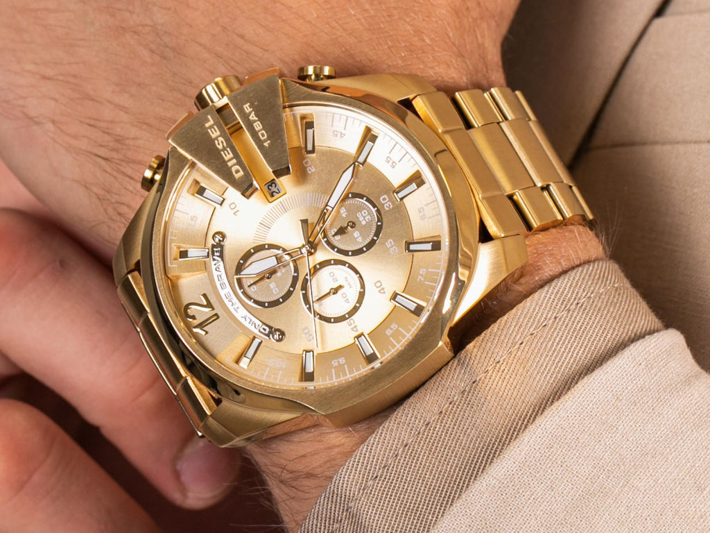 Diesel DZ4360 Mega Chief Chronograph Men's Watch – Gold Dial & Gold Stainless Steel Strap